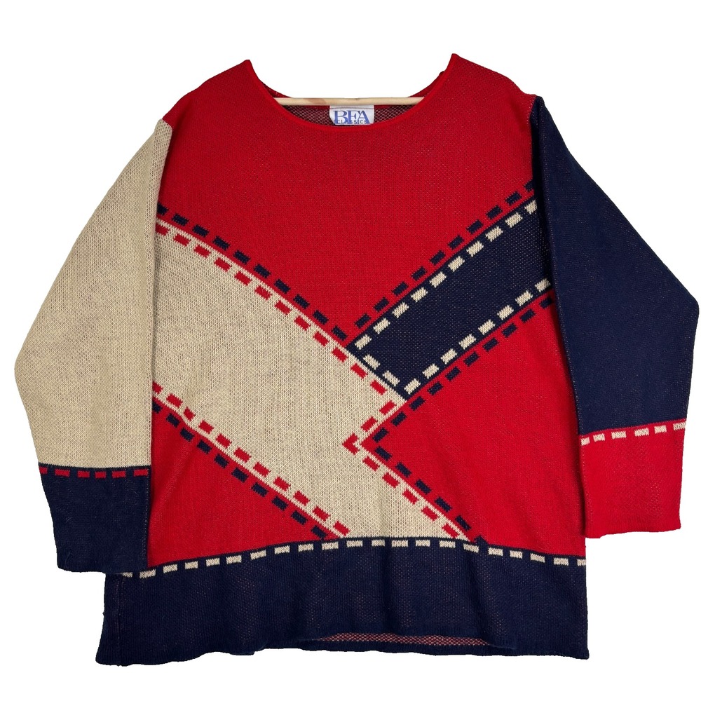 BFA Classics Sweater Red Navy Geometric Colorblock Vintage 90s Retro USA Made 2X